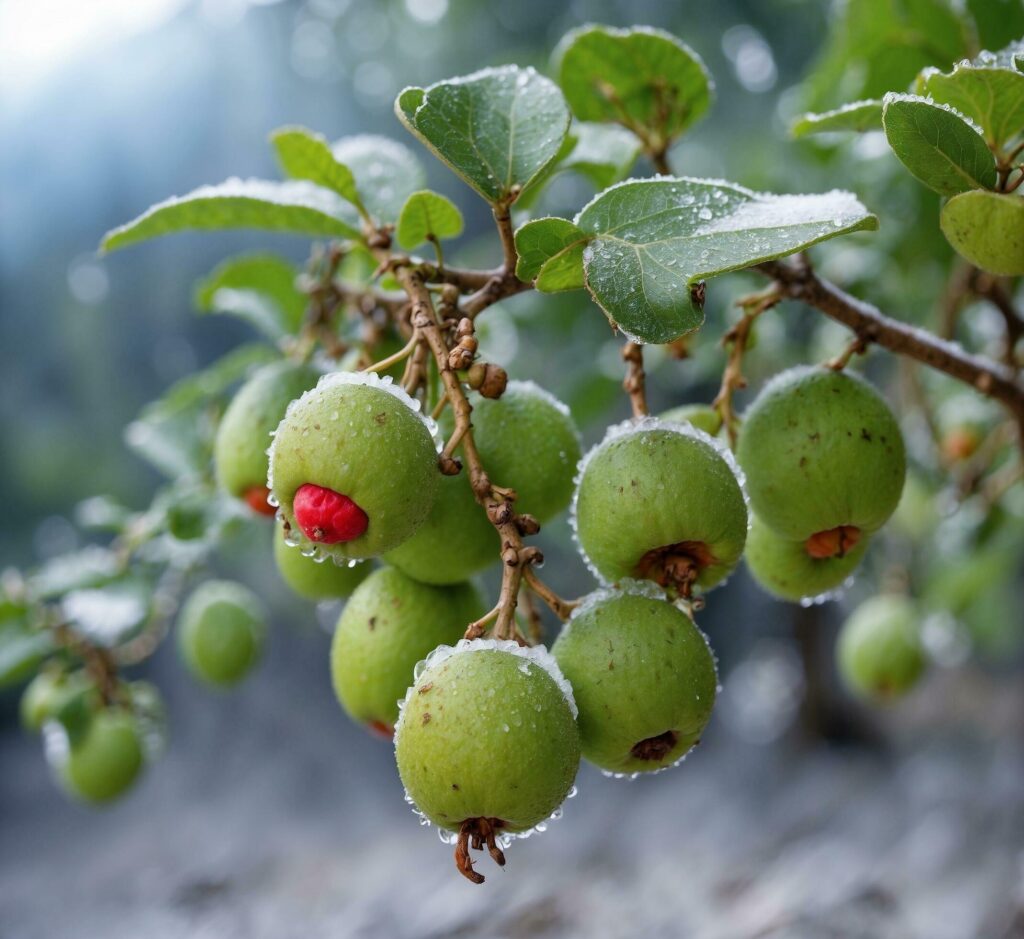 Green bergamot fruits on the tree with dew drops Free Photo