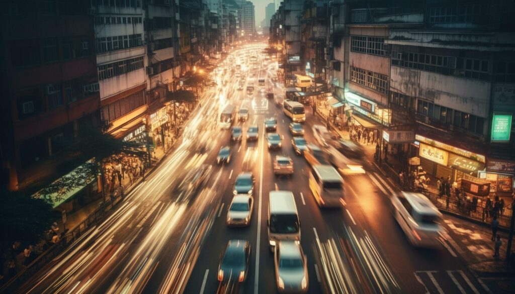 Rush hour traffic blurs city skyline in long exposure shot generated by AI Stock Free