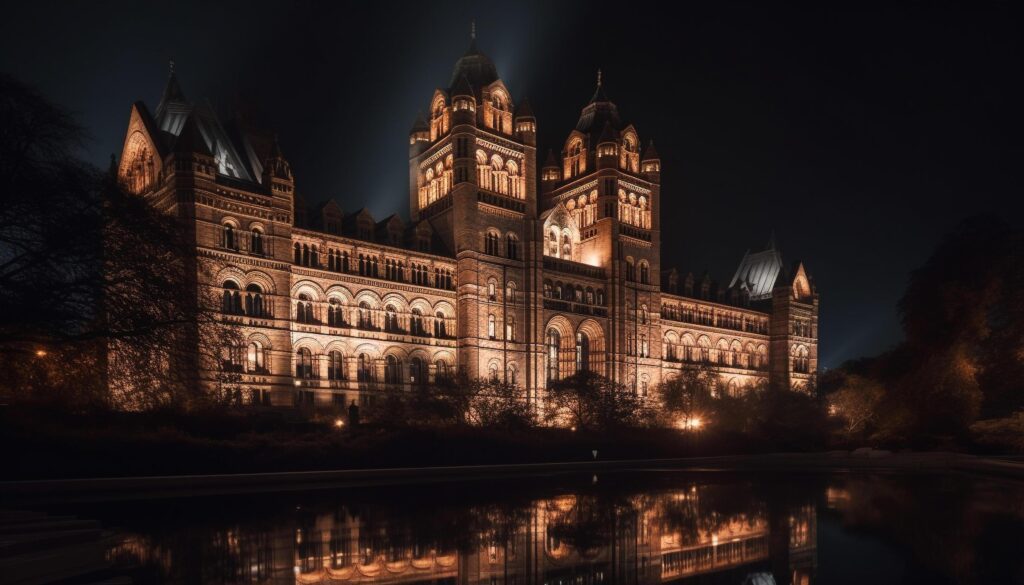 Famous Gothic monument illuminated at dusk reflects in water below generated by AI Stock Free