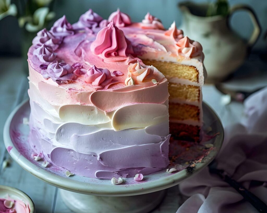 Cake with pink and white frosting, selective focus, square image Free Photo