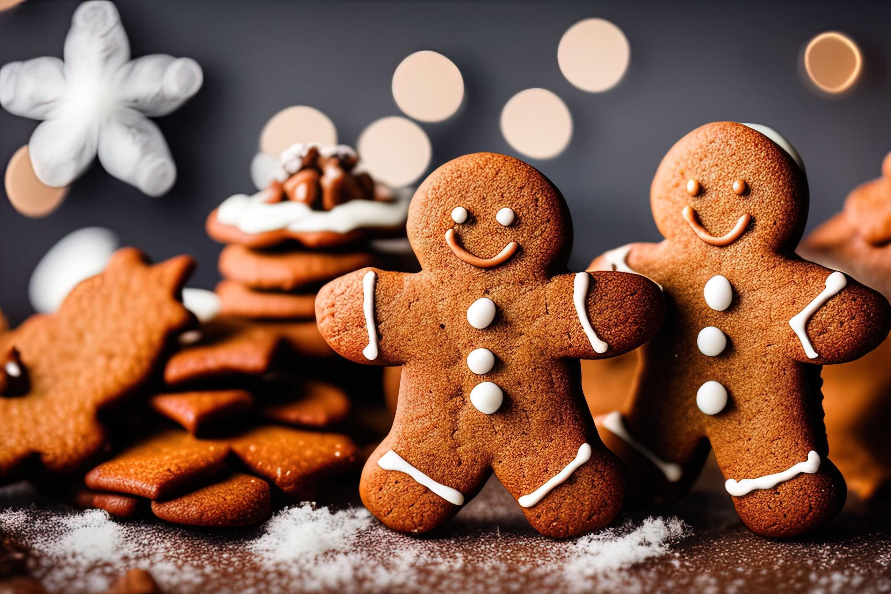 professional food photography of a Three gingerbread man cookies fall Stock Free