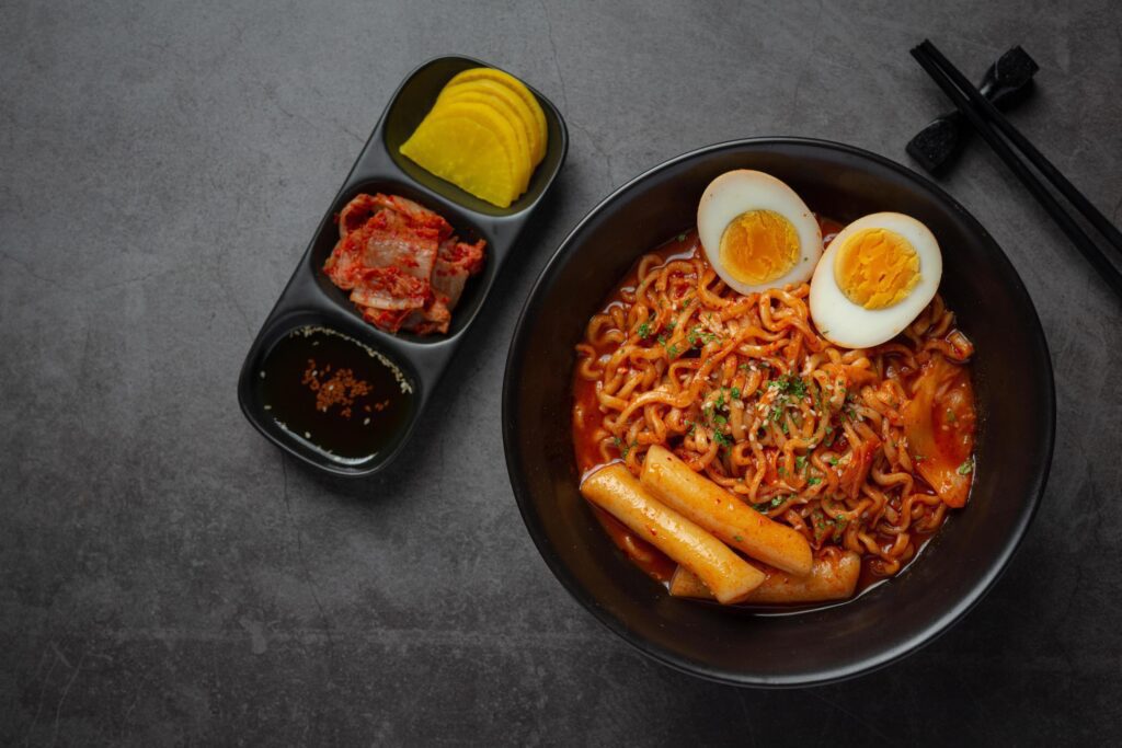 Korean instant noodle and tteokbokki in korean spicy sauce, Ancient food Stock Free