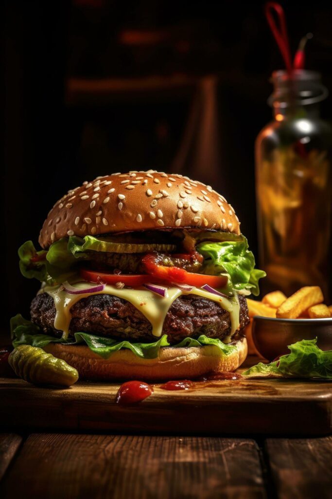 hamburger on a wooden cutting board AI Generative Free Photo