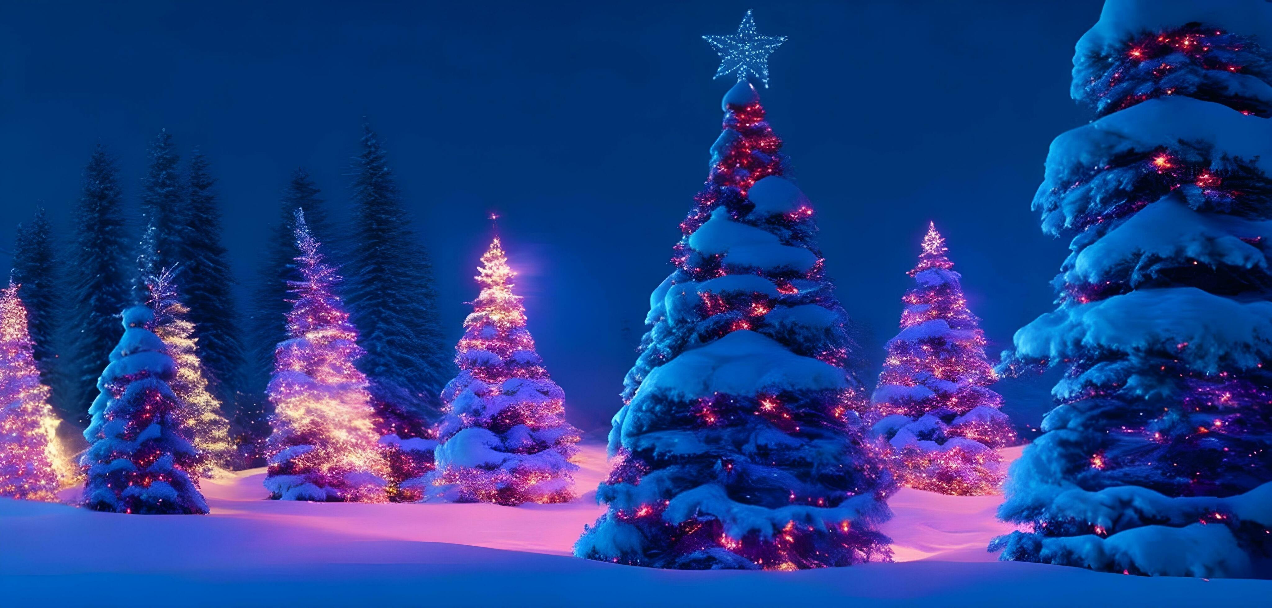 Glowing Christmas trees as panorama background. Glowing Christmas trees background. AI Generative Stock Free