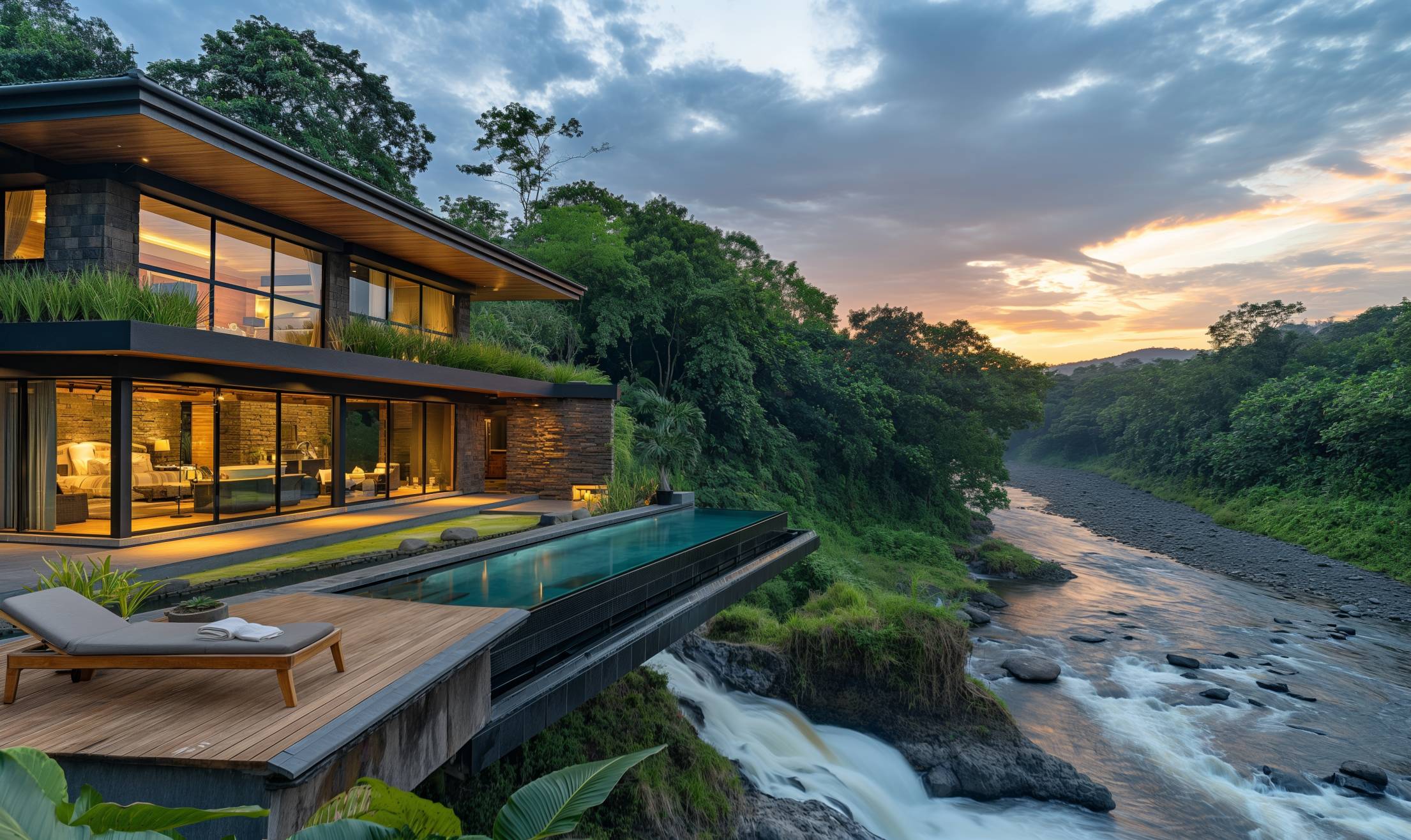 Luxury Villa in Bali Above a Flowing River and Waterfall Stock Free