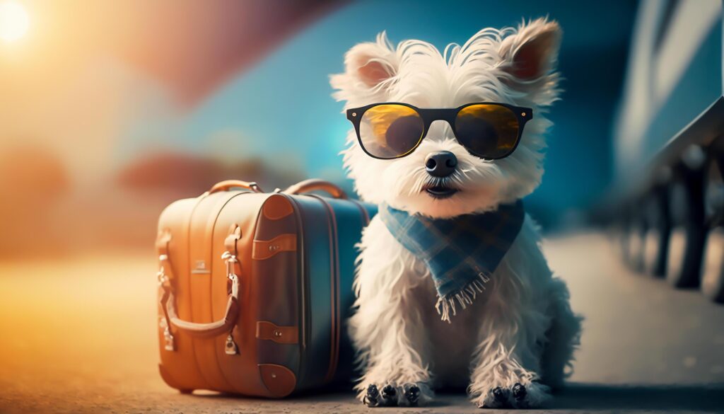 dog wearing sun glasses with luggage to travel, Stock Free