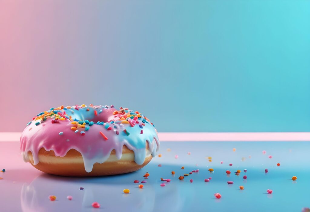 a donut with sprinkles on a blue and pink background Stock Free