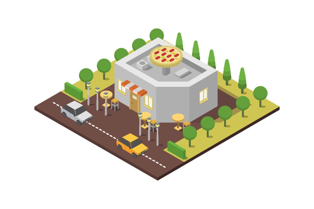 Isometric pizzeria on white background Free Vector