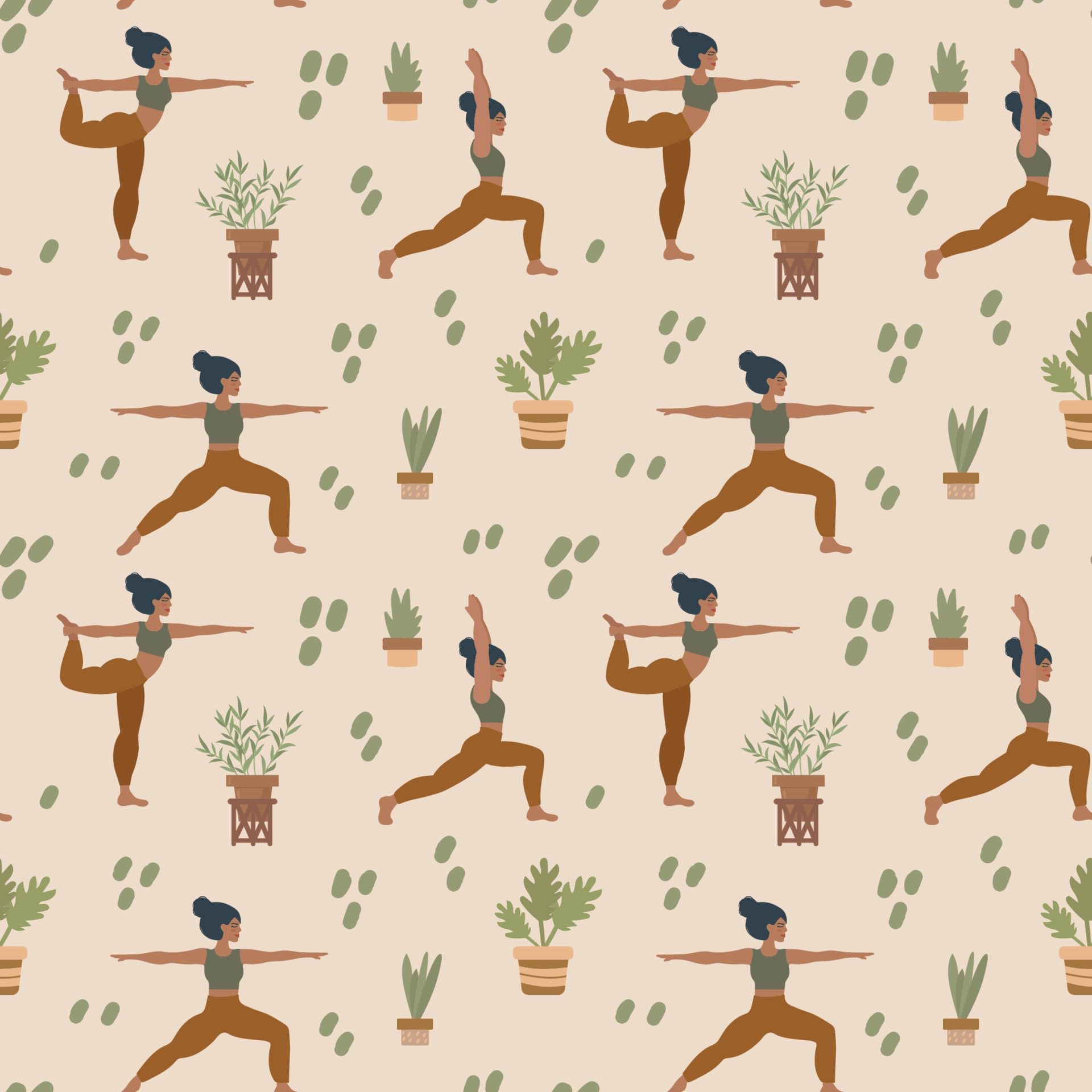 Yoga background. Girls do pilates and meditation. Pattern with people in different poses. Outdoor workout pattern for textiles. Free Vector