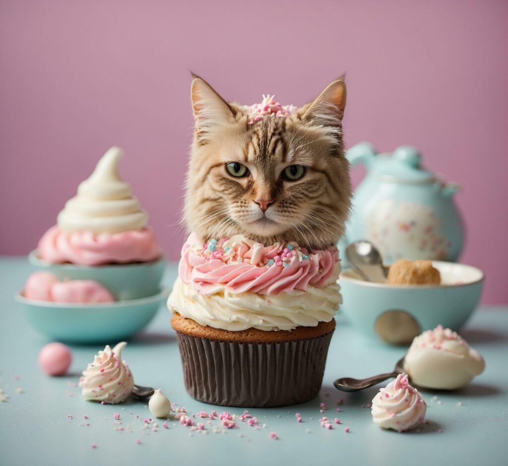 Cute cat and delicious cupcakes on table, on color background Free Photo