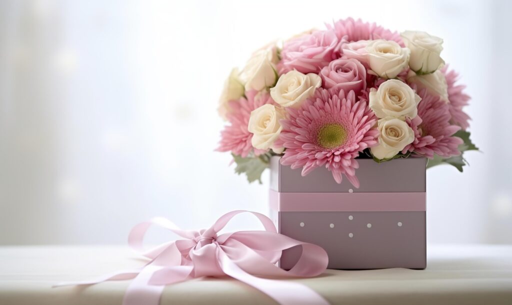 Floral bouquet of different flowers, bunch of flowers. pink roses, Chrysanthemum. . Stock Free