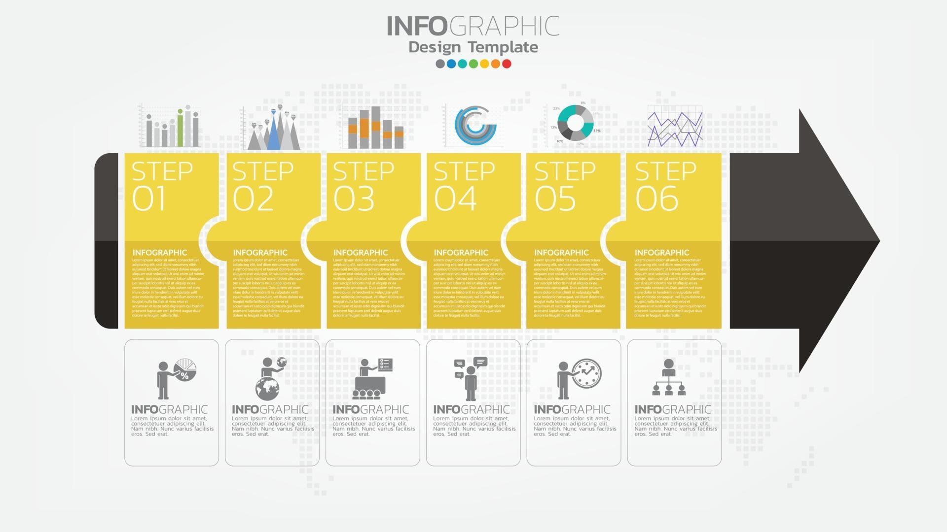 Infograph 6 step yellow color element with arrow, chart diagram, business online marketing concept. Stock Free