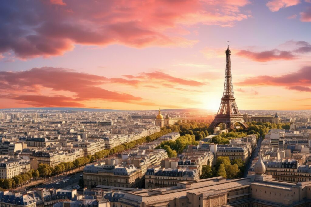 Eiffel Tower and Seine river at sunset, Paris, France, Aerial panoramic view of Paris with Eiffel Tower at sunset, France, AI Generated Stock Free