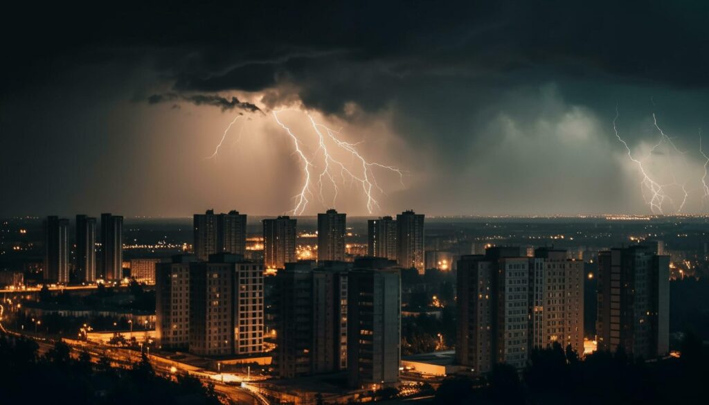 Electricity ignites city skyline in dramatic thunderstorm generated by AI Stock Free