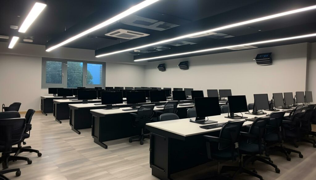 Empty modern office with desk chair seating generated by AI Stock Free