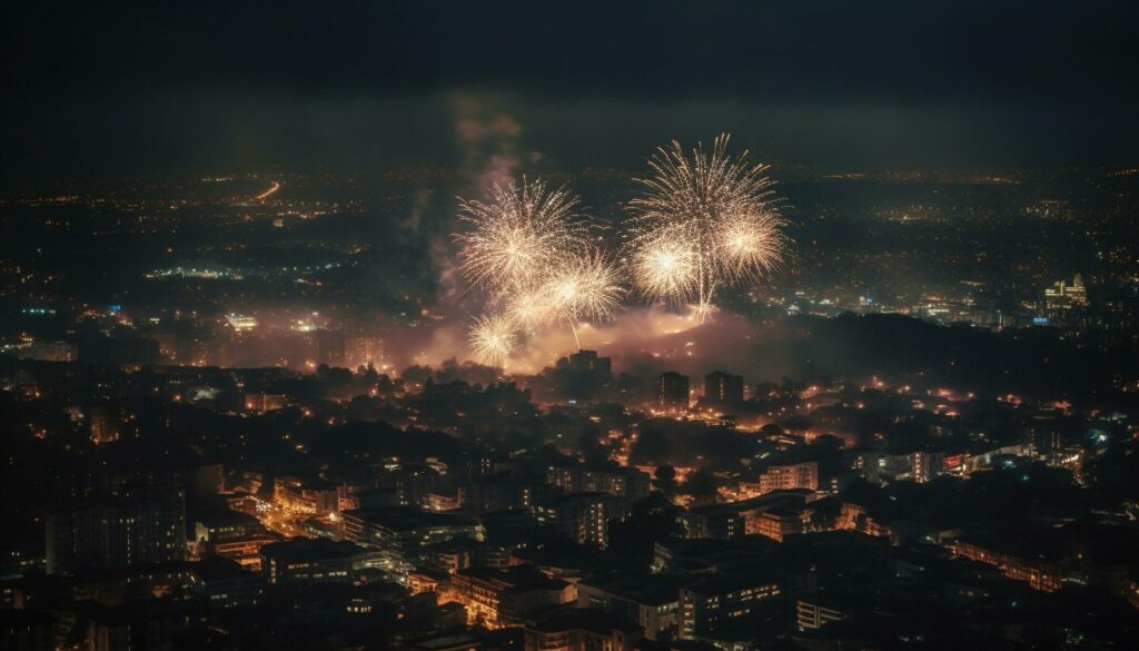 Explosive fireworks illuminate city skyline on New Year generated by AI Stock Free