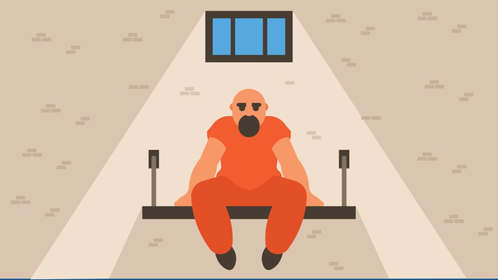 prisoner sits on the prison bench with a tiny small window in the background flat design illustration Free Vector