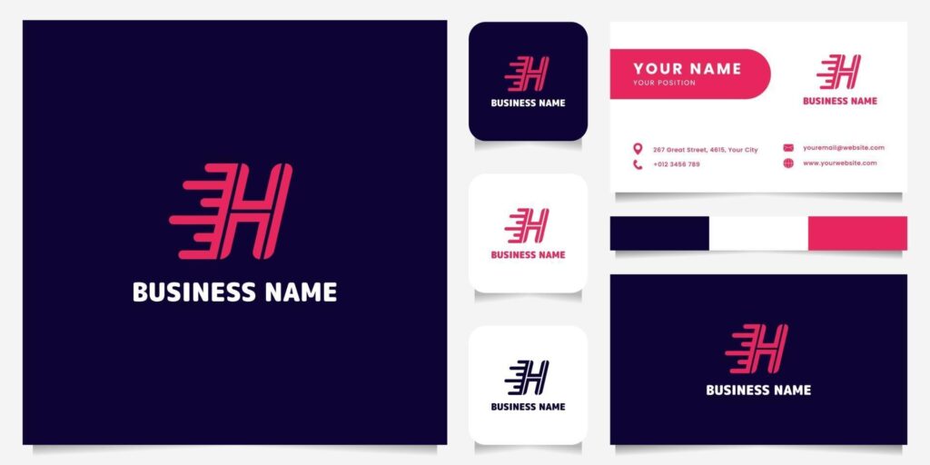 Simple and Minimalist Bright Pink Letter H Speed Logo in Dark Background Logo with Business Card Template Stock Free