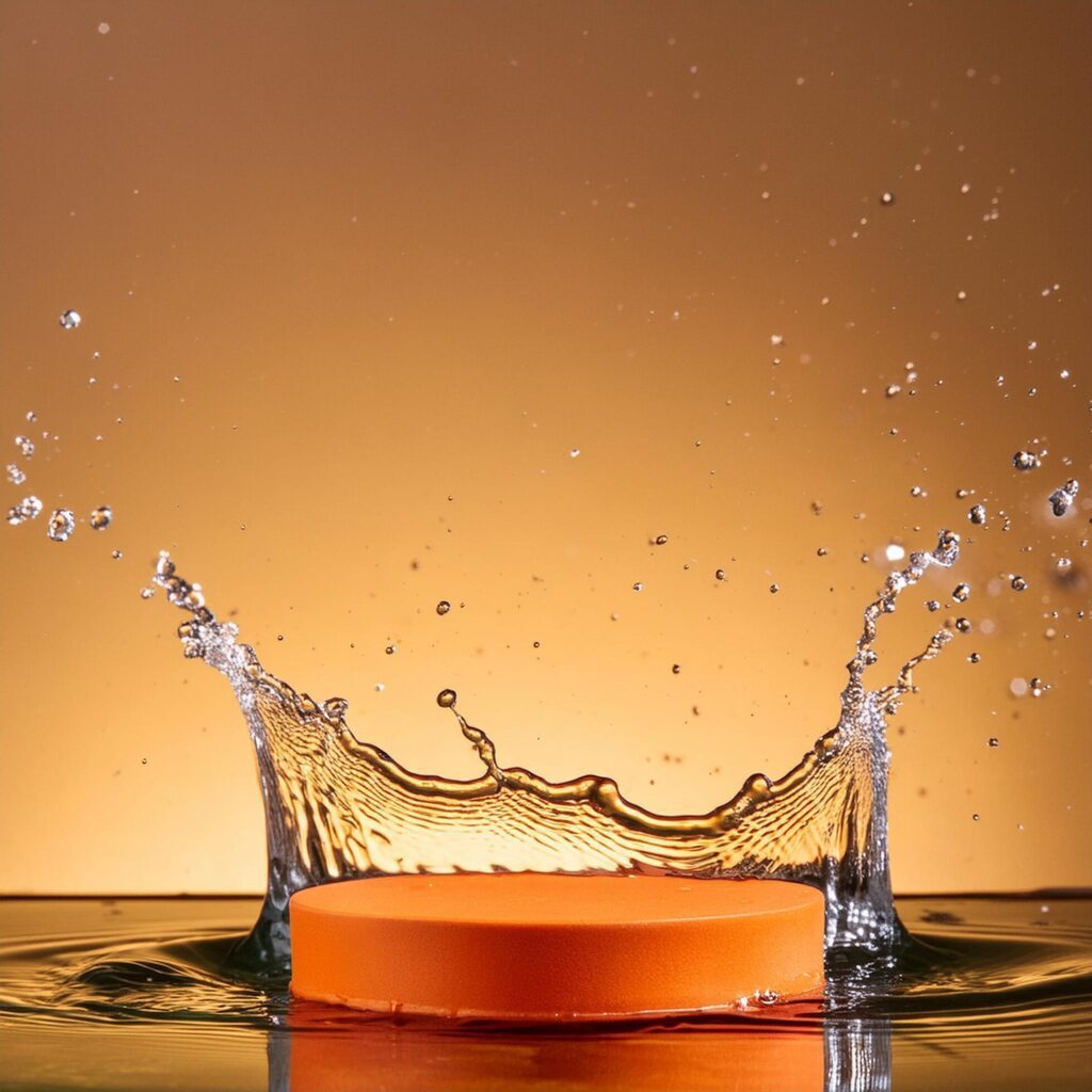 empty orange podium mockup with water splash on a gradient background for product display Stock Free