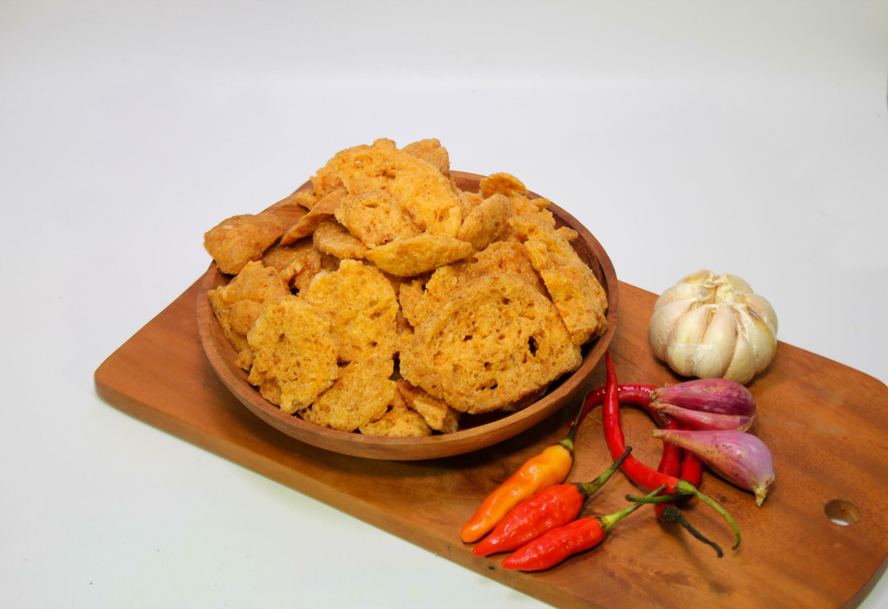 Basreng traditional food from Indonesia, made from sliced meatball, with salt and seasoning. Stock Free