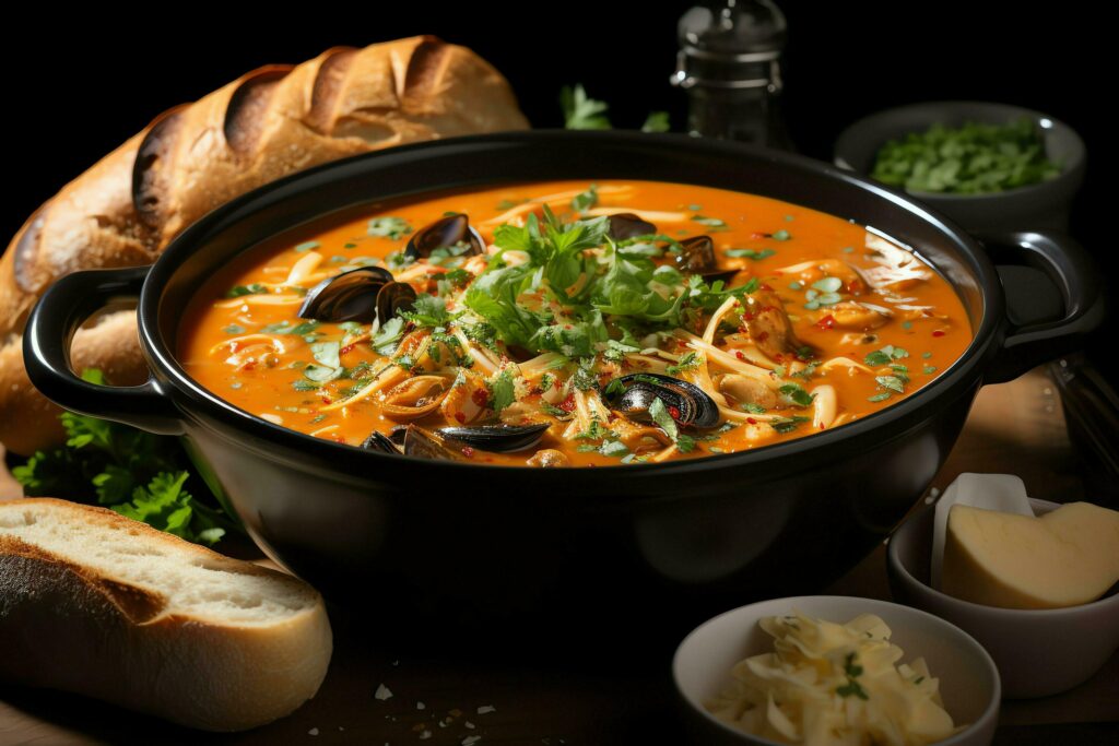 A delicious bouillabaisse soup food in a bowl. Marseille food and healthy protein soup meal concept by AI Generated Stock Free