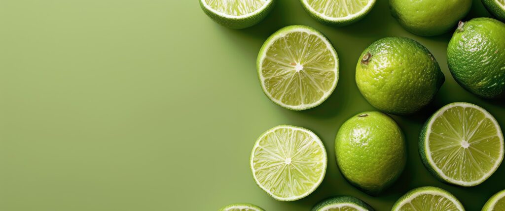 Whole and Sliced Limes Arranged on a Green Background Stock Free