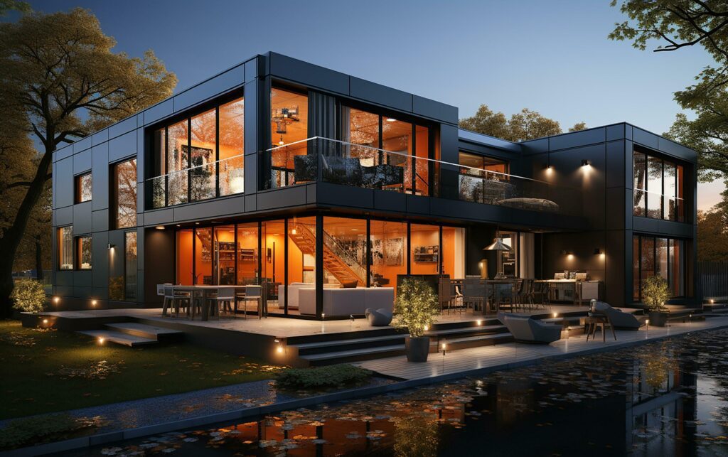 unique industrial architecture house in daylight, photo-realistic AI generative Stock Free