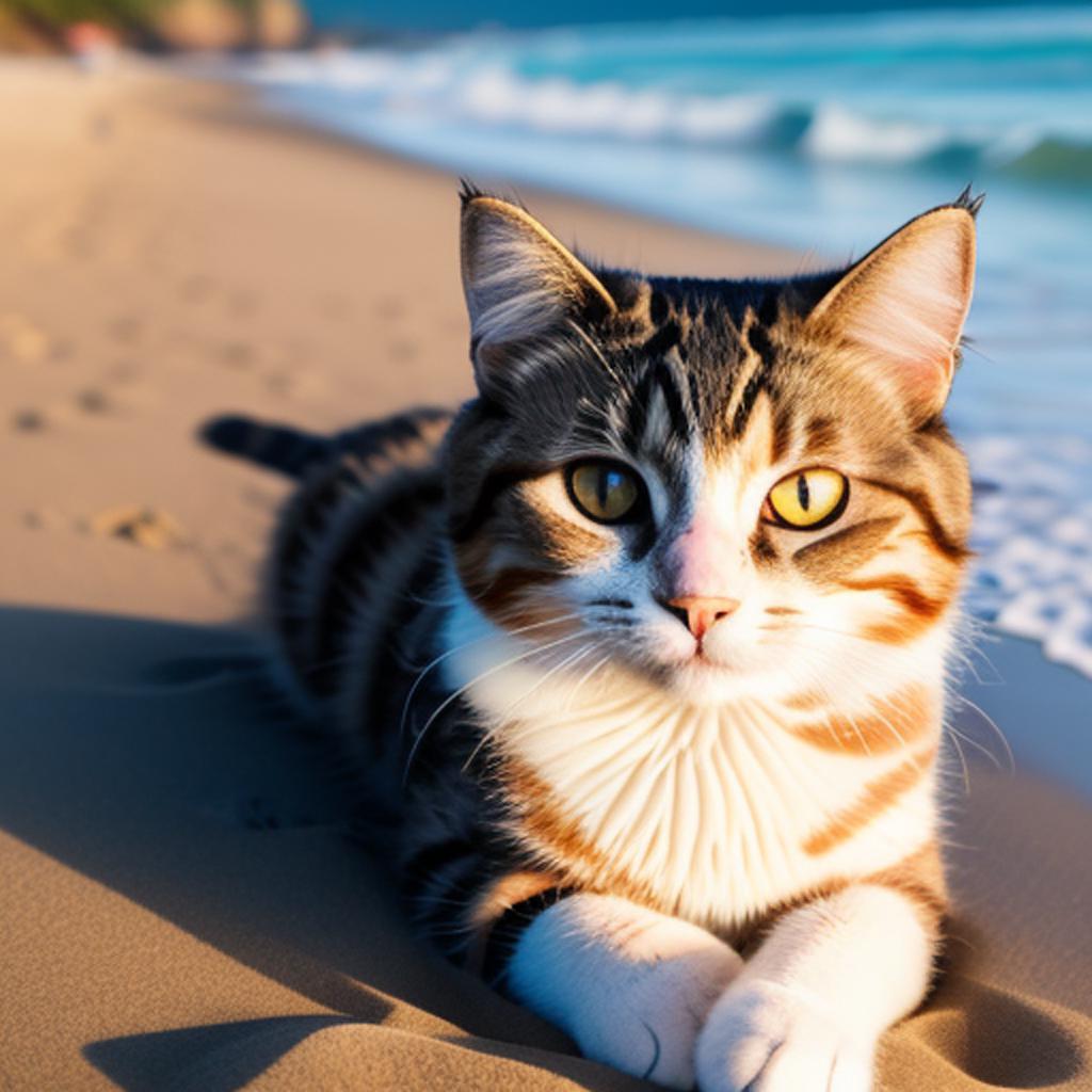 Cat on beach background by @ai_generated