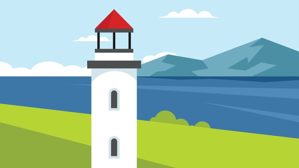 A lighthouse in an island in the day time at sea shore background illustration Free Vector