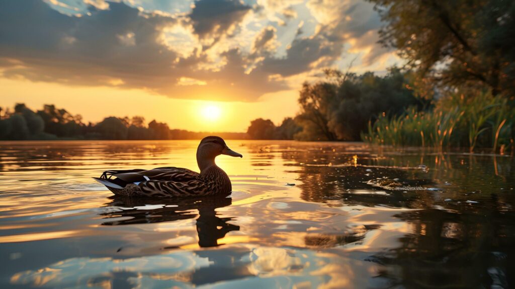 A Peaceful Duck on Calm Lake Waters at Dusk Free Photo