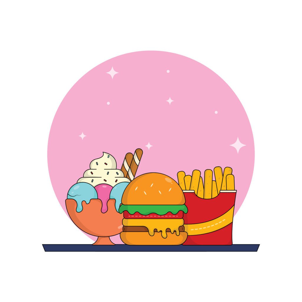 icon combo burger, ice cream, french fries illustration.fast food and drink concept suitable for landing page,sticker,banner,background,logo Free Vector