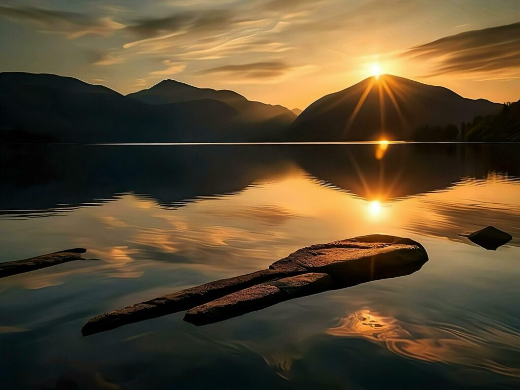 view of the sun setting with its reflection on the water surface Free Photo