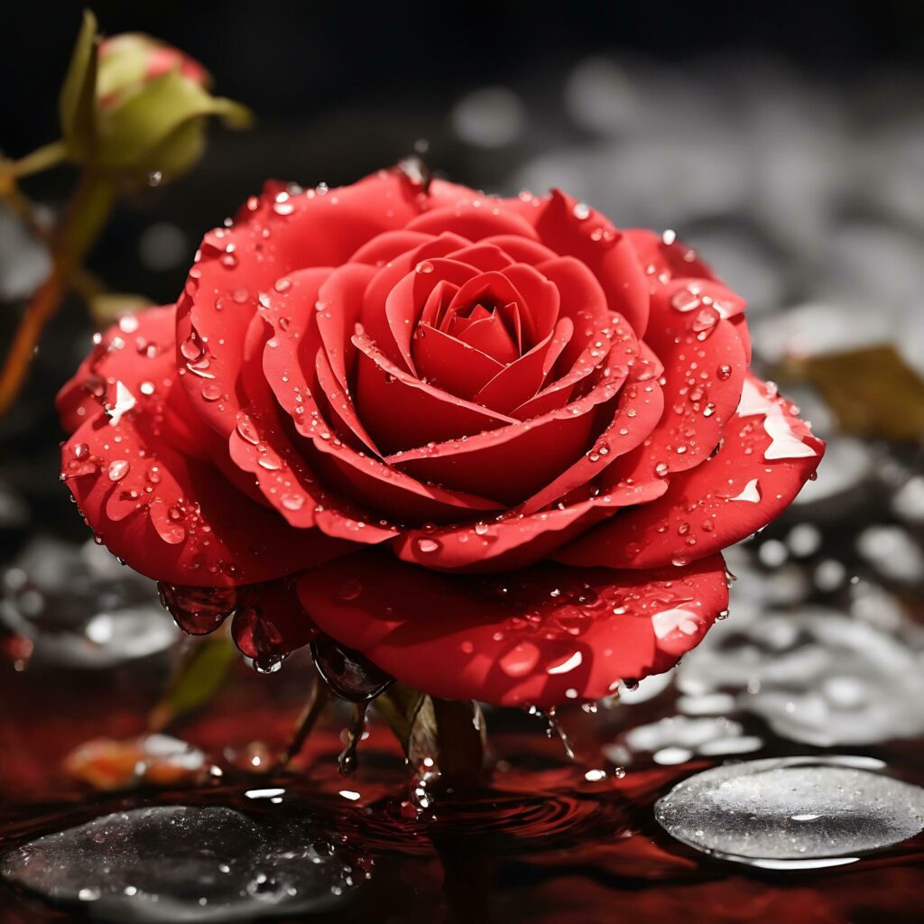 A Red Rose Flower With Water Drop In Dark Theme Generative Ai Stock Free