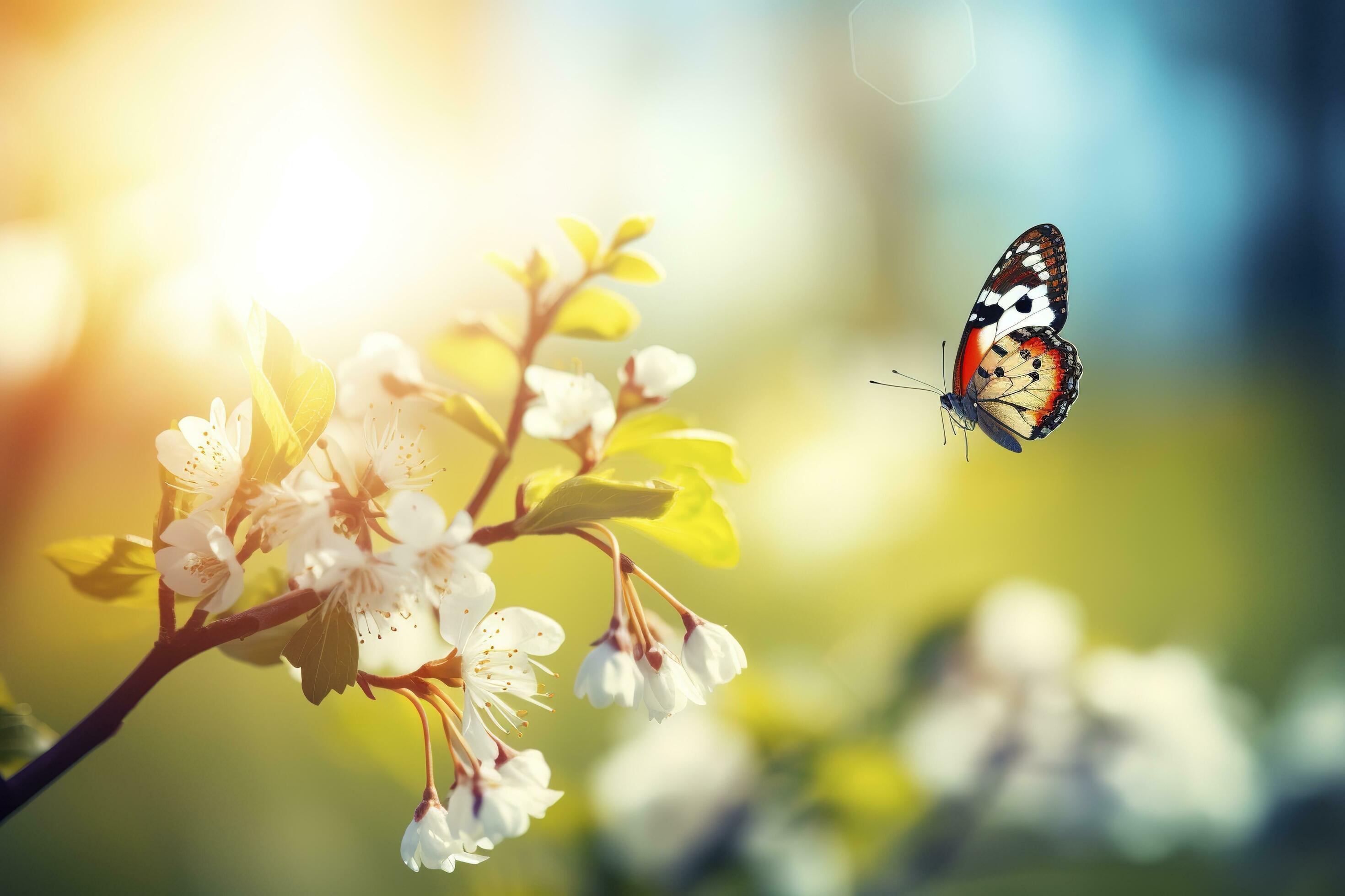 A butterfly sitting on flower and leaf, generate ai Stock Free