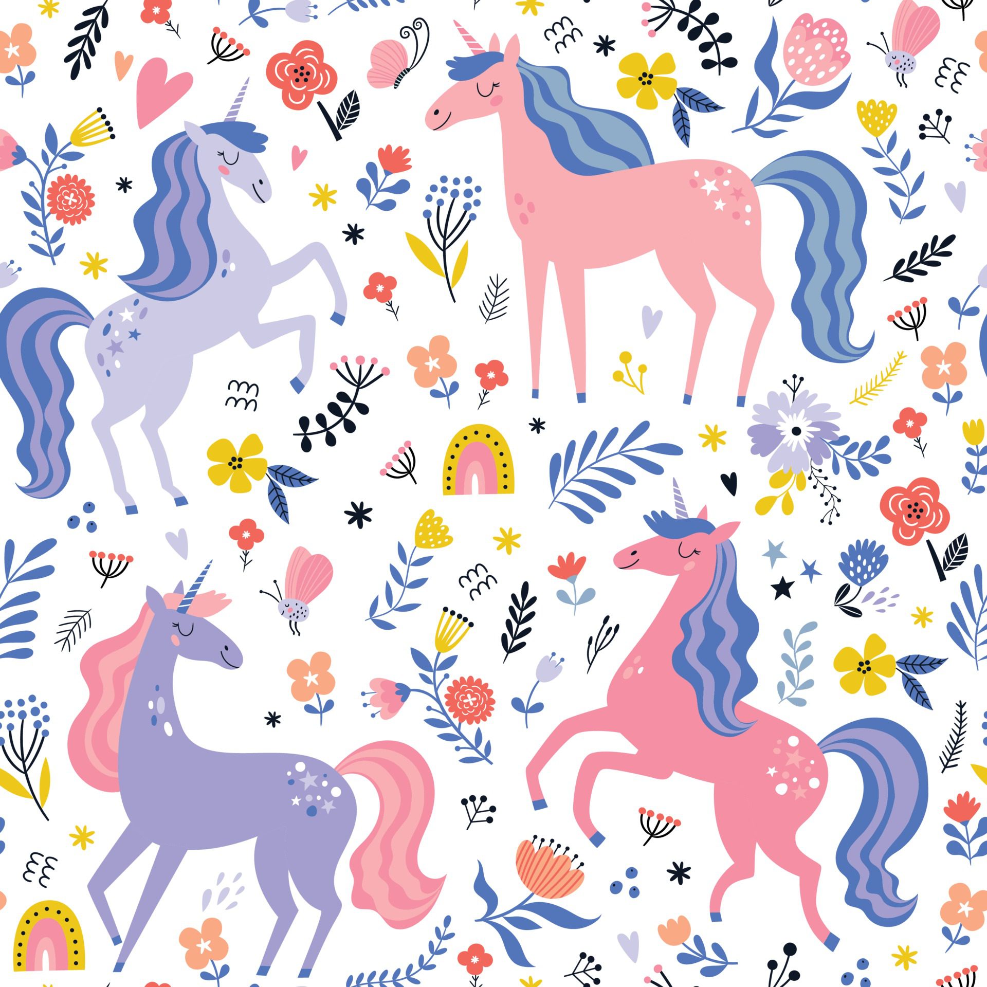 Childish seamless pattern with unicorns. Creative nursery background. Free Vector