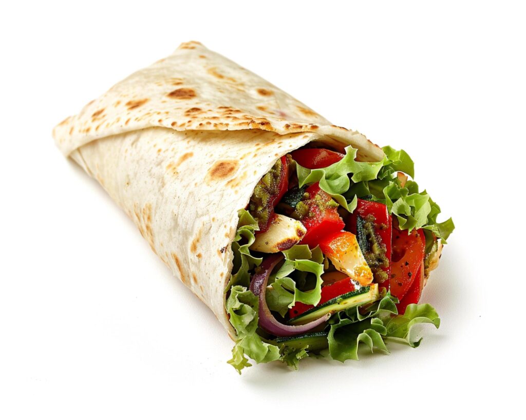 a wrap with vegetables and cheese on a white background Stock Free