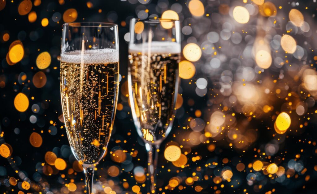 Two Champagne Flutes Filled With Sparkling Wine Against a Festive Background Stock Free