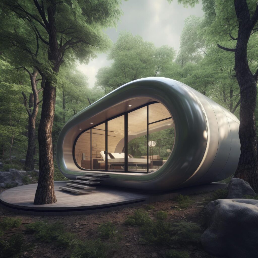 futuristic smart small homes inside the forest, Generate Ai Stock Free