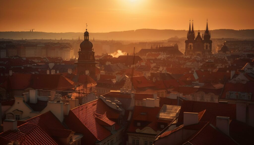 Medieval spires illuminate city skyline at dusk generated by AI Stock Free