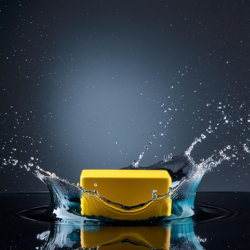 empty yellow podium mockup with water splash on a gradient background for product display Stock Free