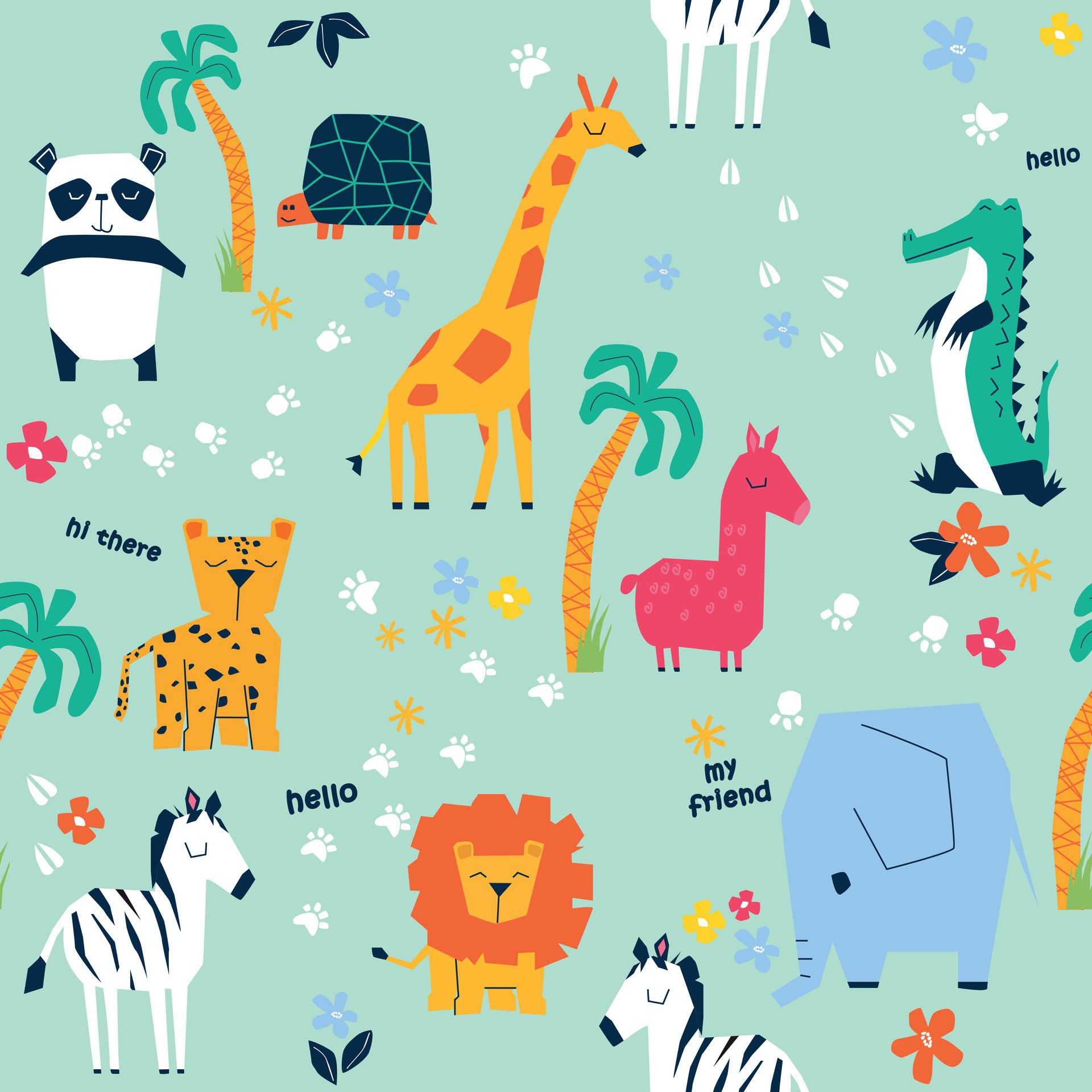 Seamless pattern with cute jungle animals.Group of animals Free Vector