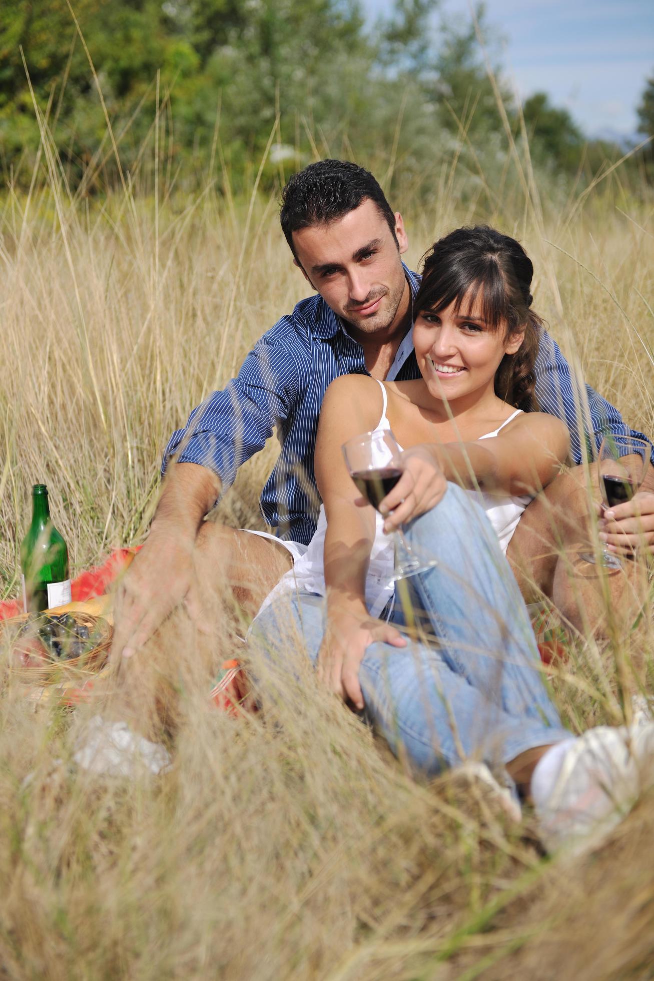 happy couple enjoying countryside picnic in long grass Stock Free