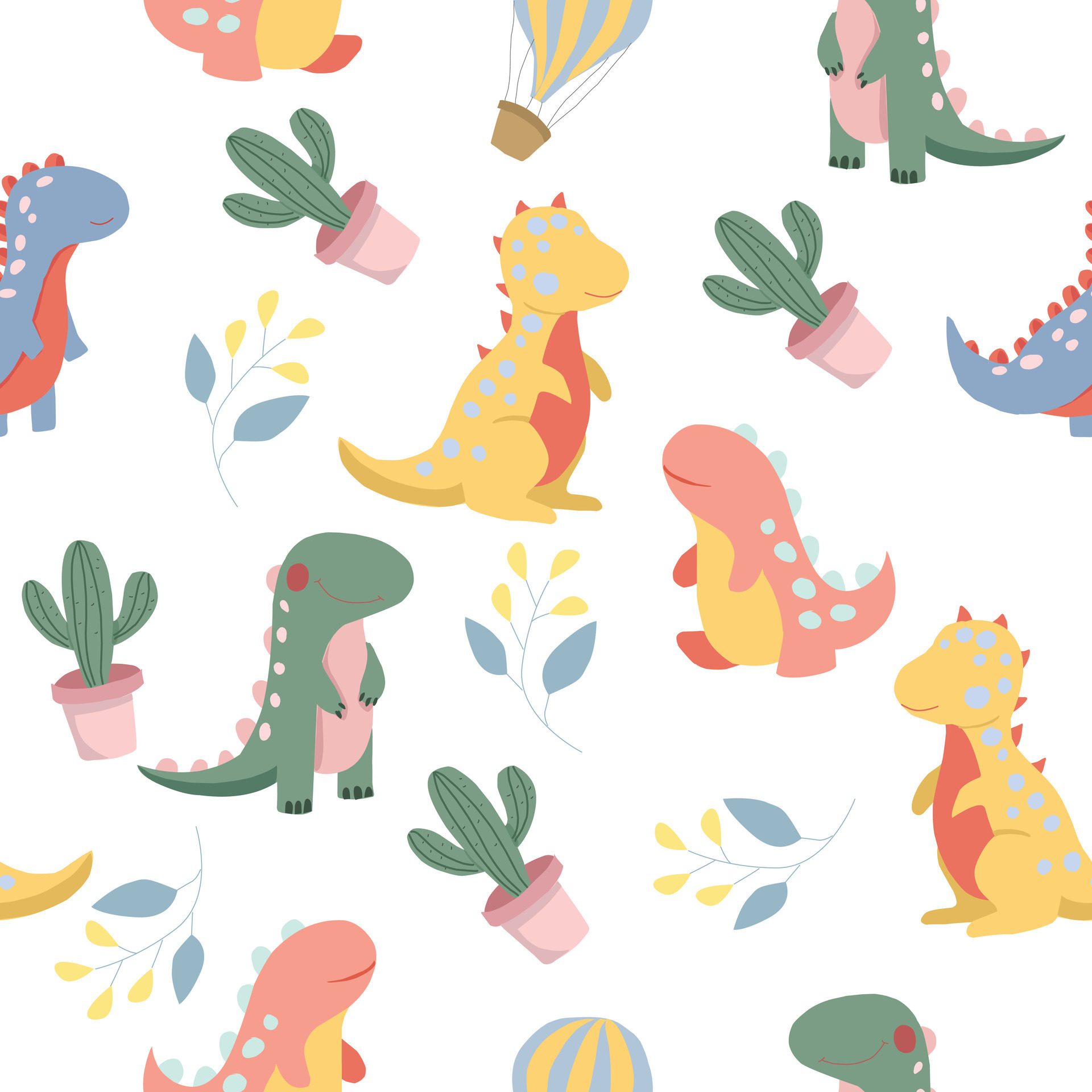 Cute Colorful Dinosaur Cartoon Seamless Pattern Free Vector