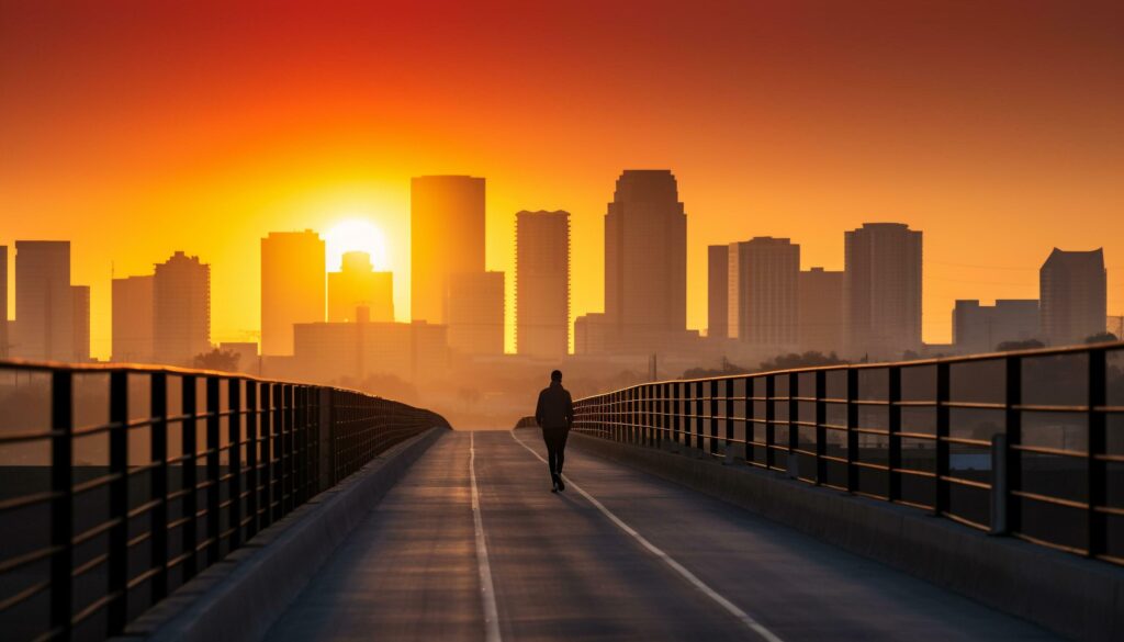 Healthy adult jogging at dusk, city skyline back lit generated by AI Stock Free