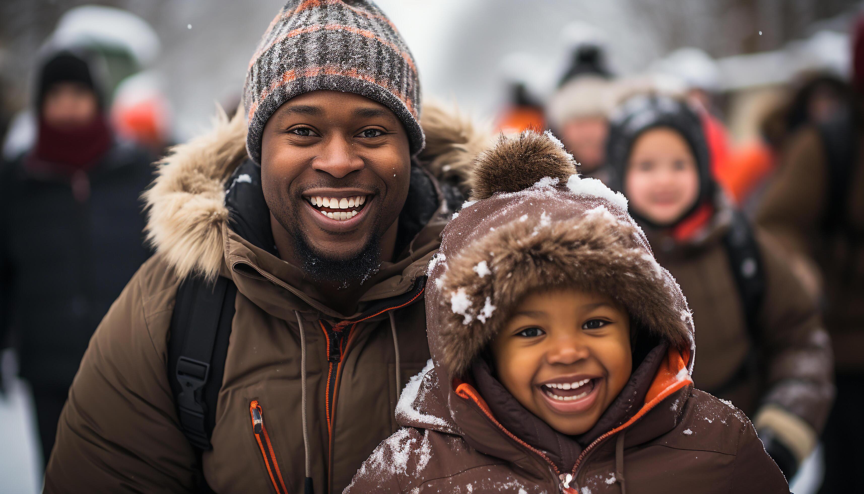 AI generated Smiling family enjoys winter outdoors, bonding in warm clothing generated by AI Stock Free