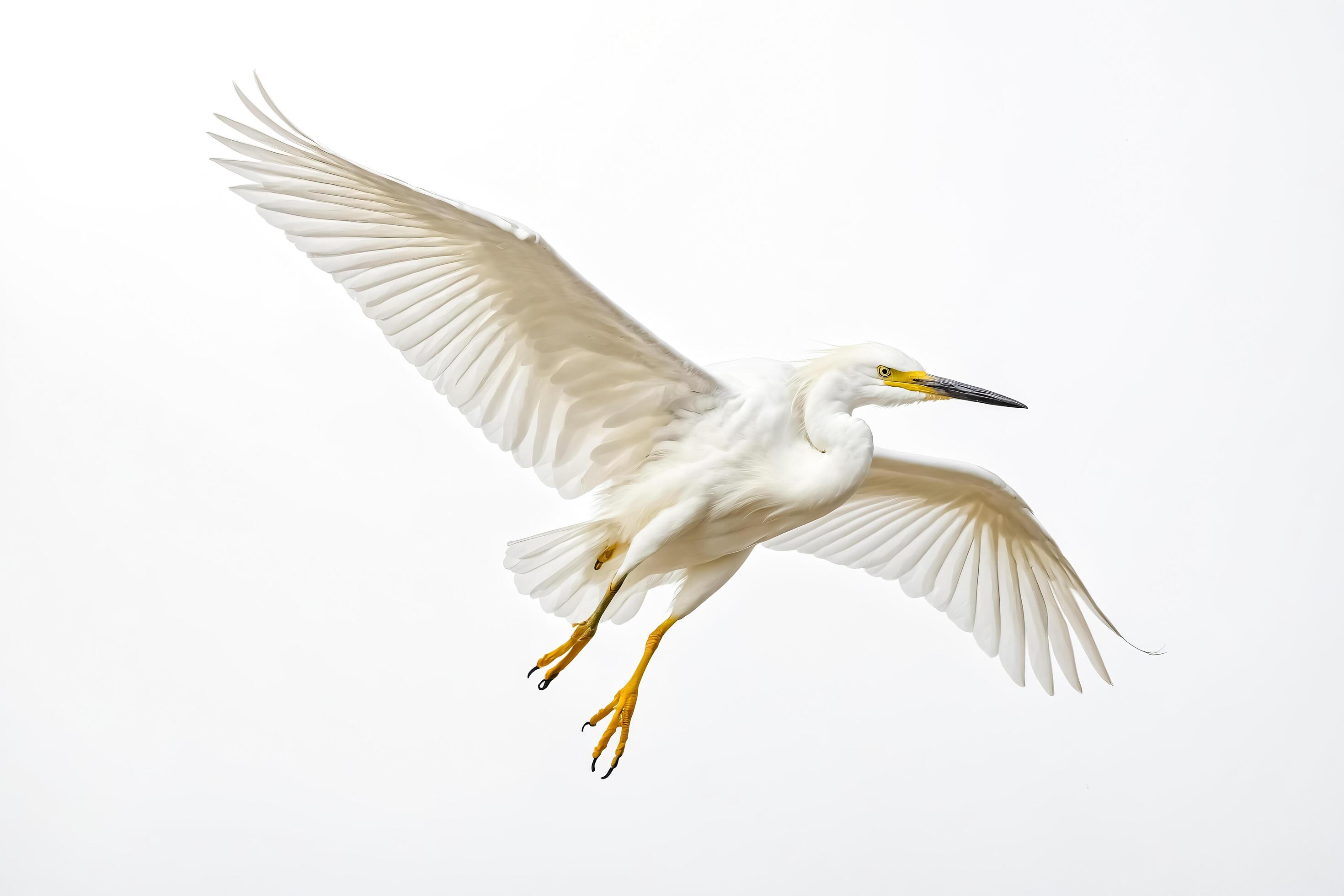 Snowy Egret in Flight Against White Background Stock Free