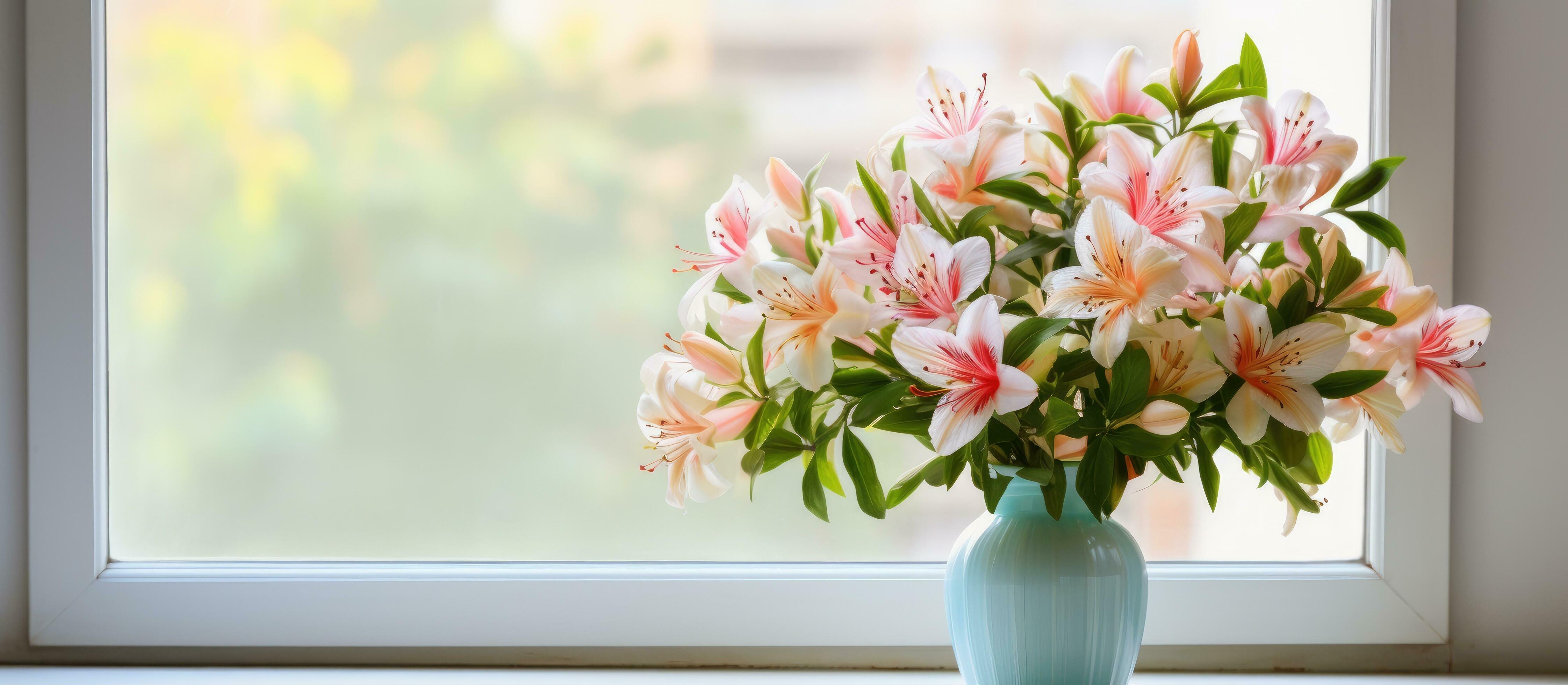 Alstroemeria flowers on windowsill with vase Stock Free