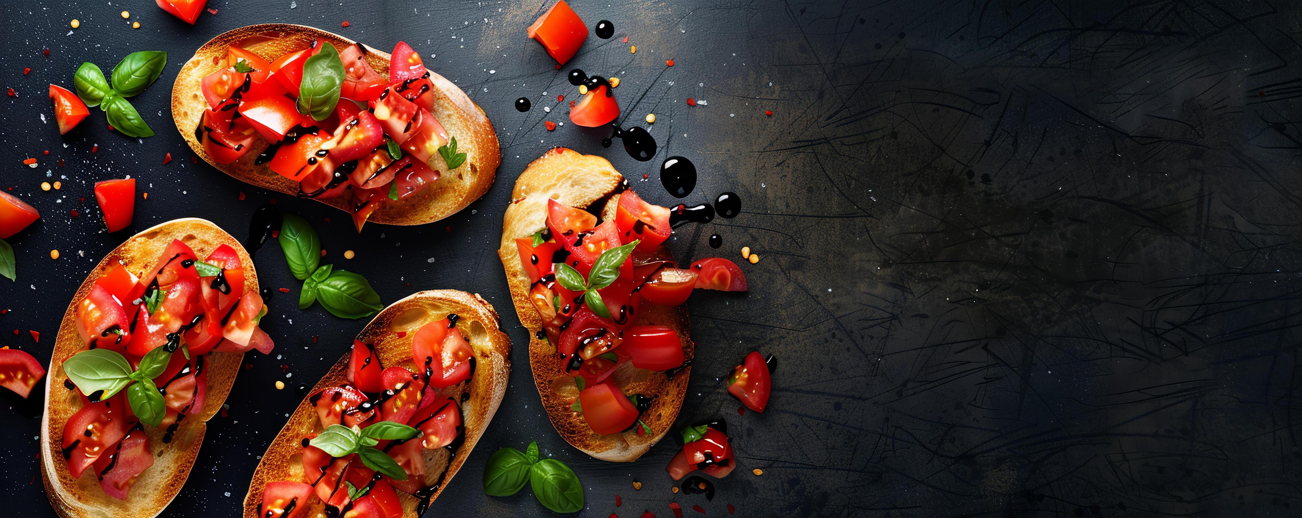 Classic bruschetta with diced tomatoes, garlic, basil, and balsamic glaze on toasted baguette slices. Stock Free