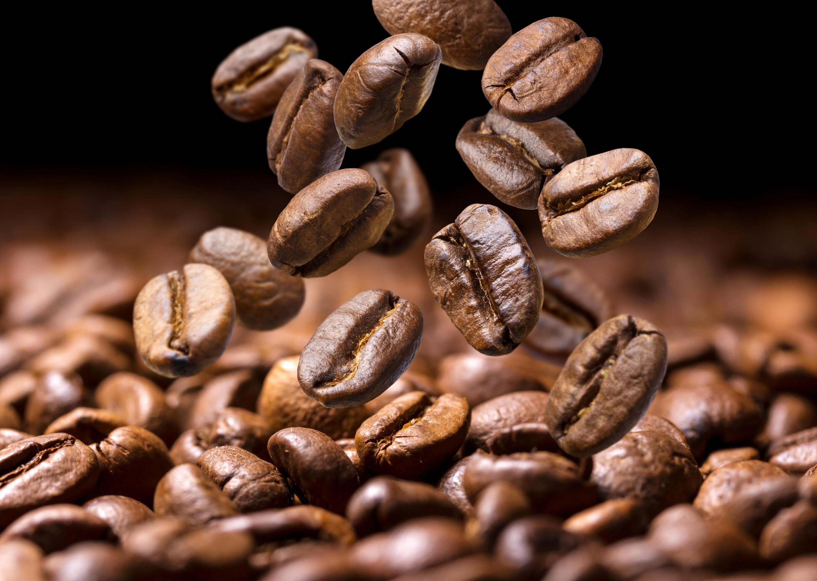 Falling coffee beans. Dark background with copy space Stock Free