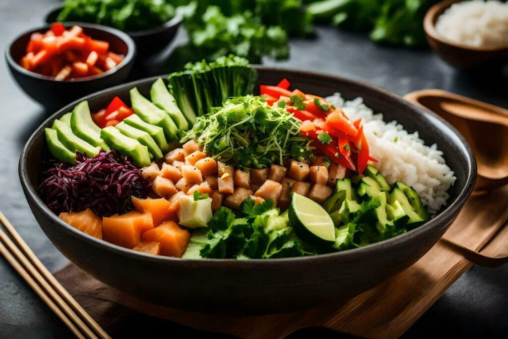 a bowl of asian food with rice, vegetables and other ingredients Free Photo